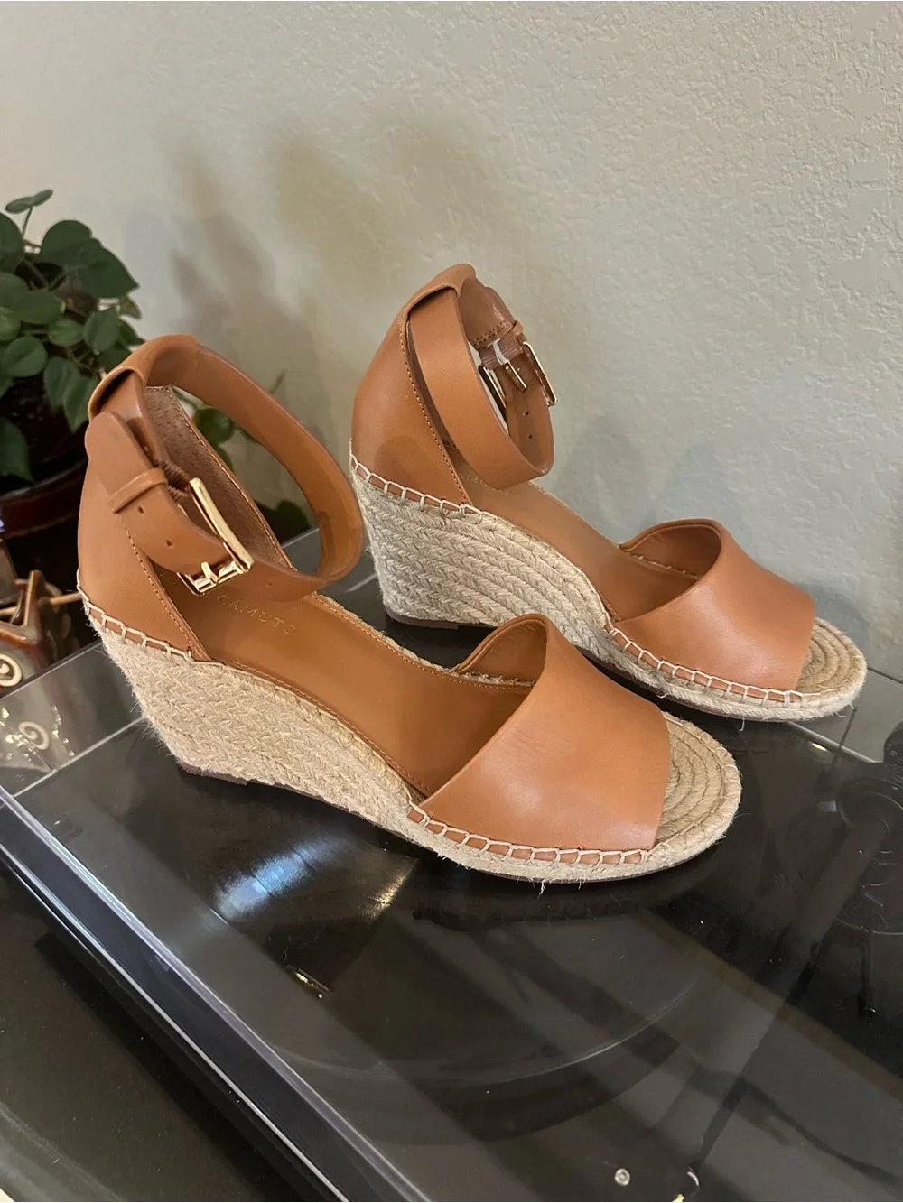 Vince Camuto Cognac Leather Espadrille Wedge Sandals